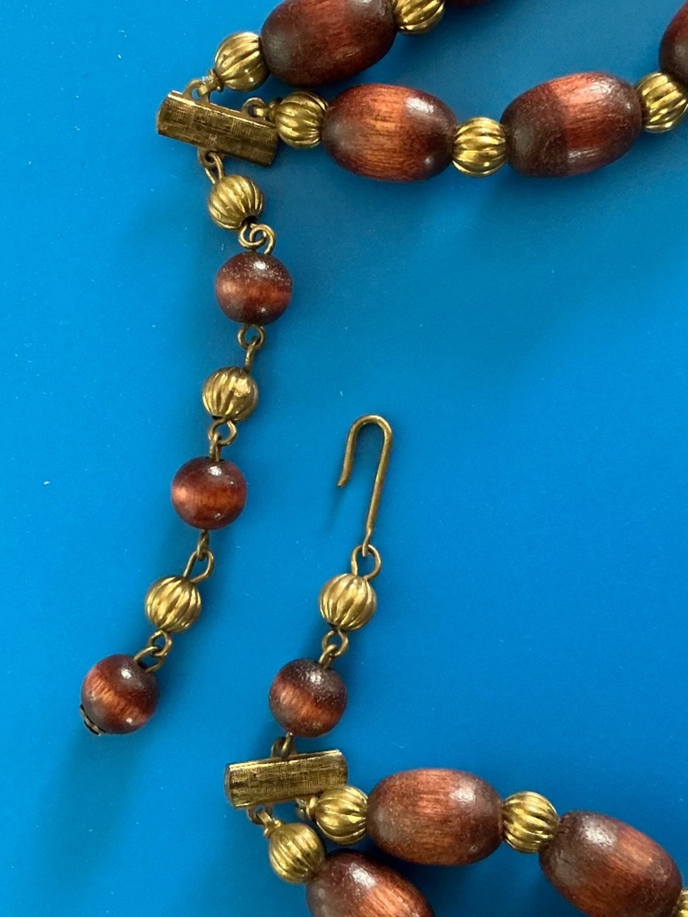 Vintage 1960s Double Strand Wood Bead Necklace Adjustable Statement Choker - Picture 5 of 15